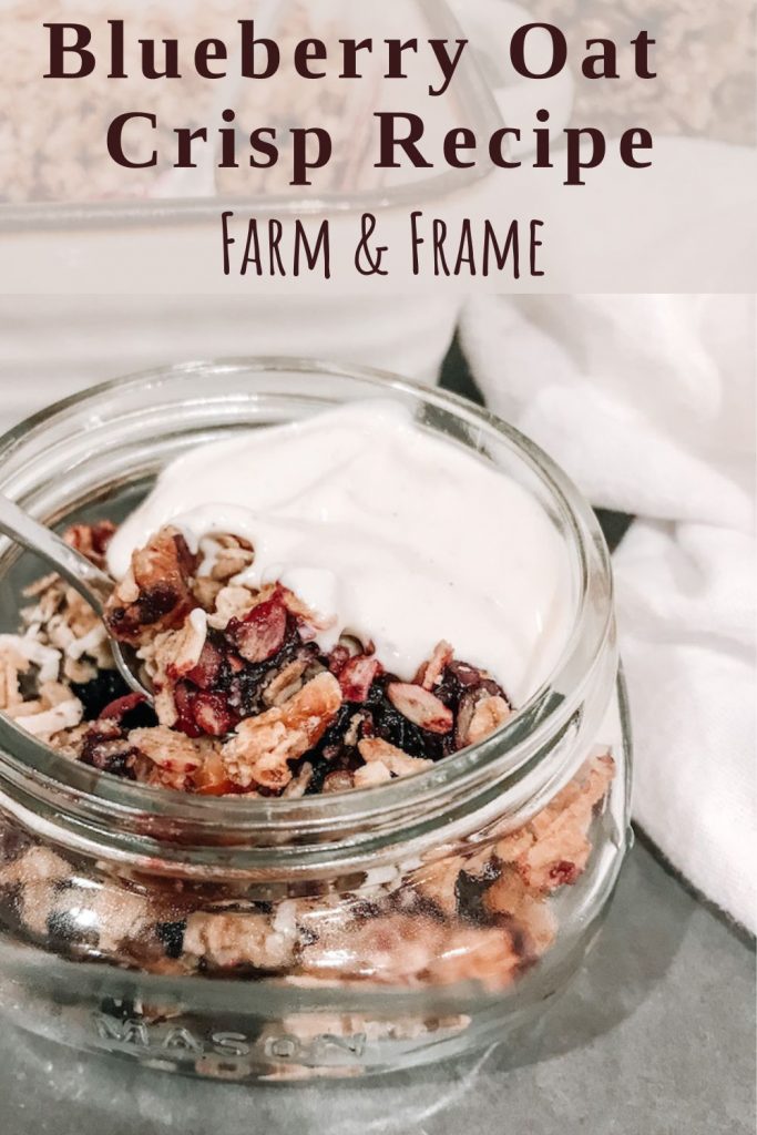 serving of blueberry oat crisp in small mason jar with yogurt